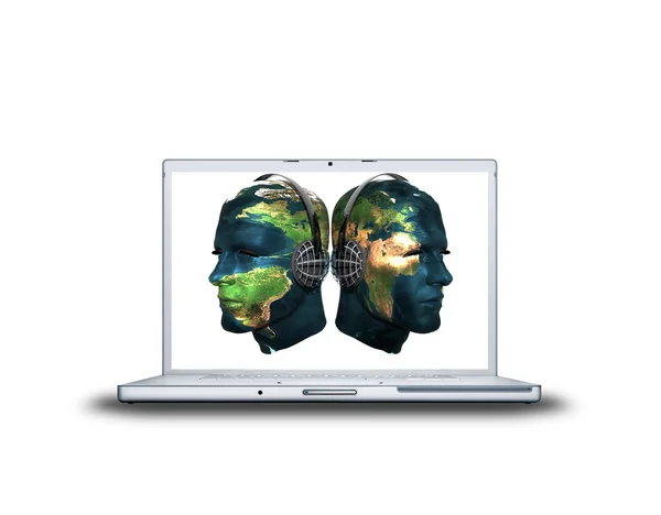 Man head world map textured on laptop screen — Stock Photo, Image