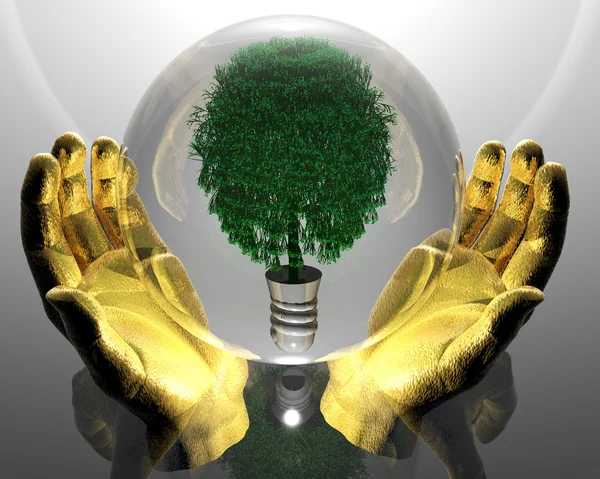 Green ecological tree in glass orb and golden ha — Stock Photo, Image