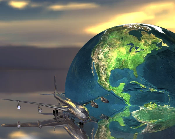 Vliegtuig met een globe — Stockfoto