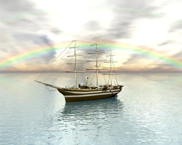 Sailing vessel in the rainbow sea — Stock Photo, Image