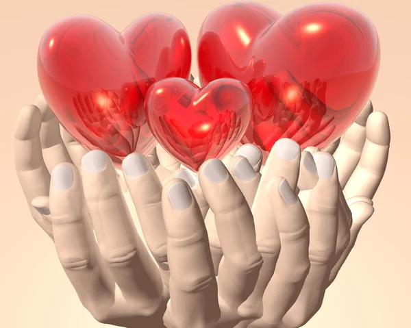 Φωτεινό κόκκινο γυαλί καρδιές στα χέρια — Φωτογραφία Αρχείου