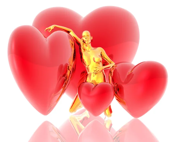 3D sanal kız kırmızı kalpler arka plan — Stok fotoğraf