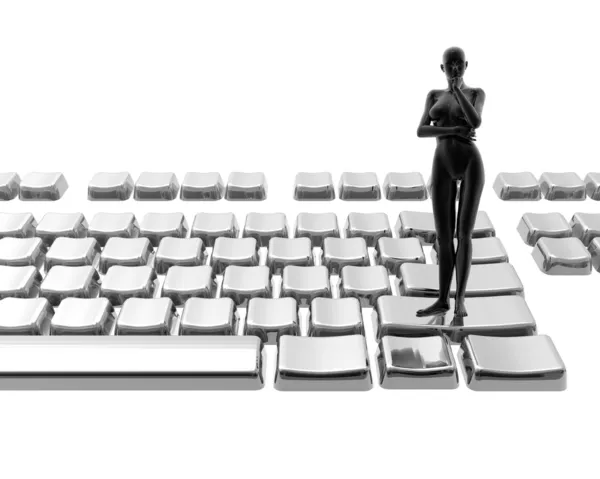 在一张白纸被隔绝的键盘上的裸体女人 — 图库照片