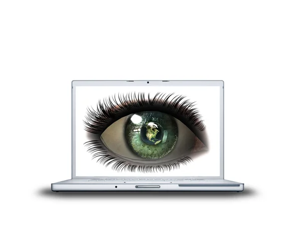 3D dívka oko na laptop obrazovky izolovaných na bílém — Stock fotografie