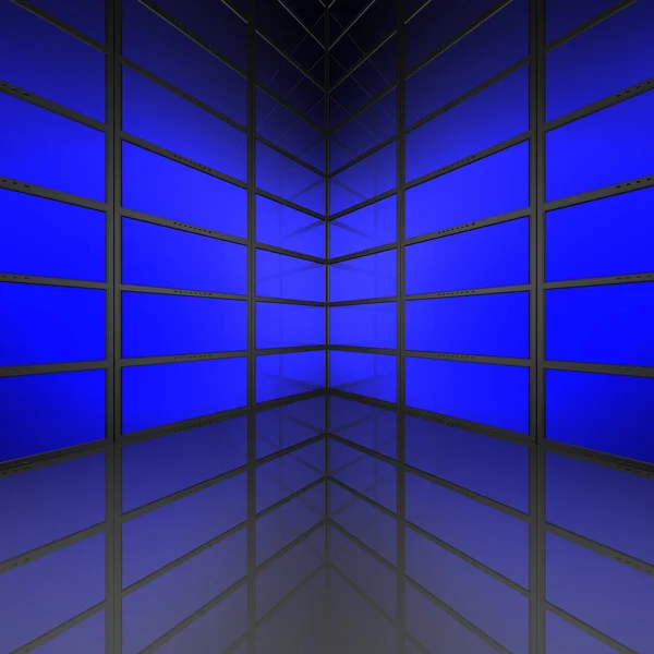 Videowand mit blauen Bildschirmen — Stockfoto