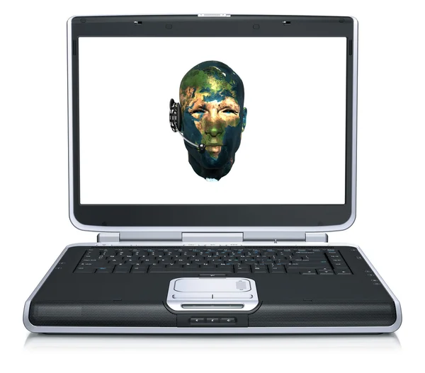 3D model dizüstü bilgisayar ekranında dokulu adam baş Dünya Haritası — Stok fotoğraf