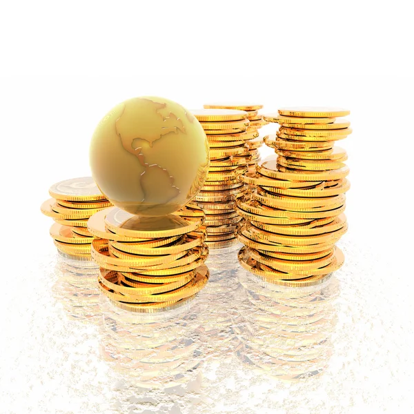 Monete con globo 3D isolato su un bianco — Foto Stock