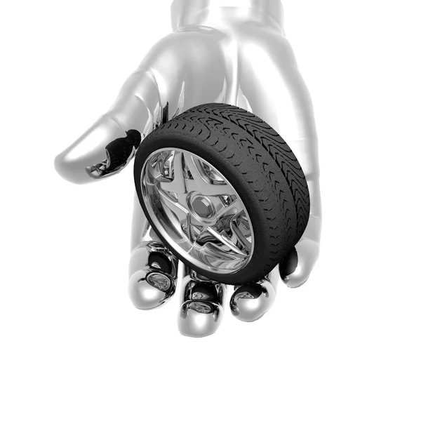 Car tire wheel on the hand — Stock Photo, Image