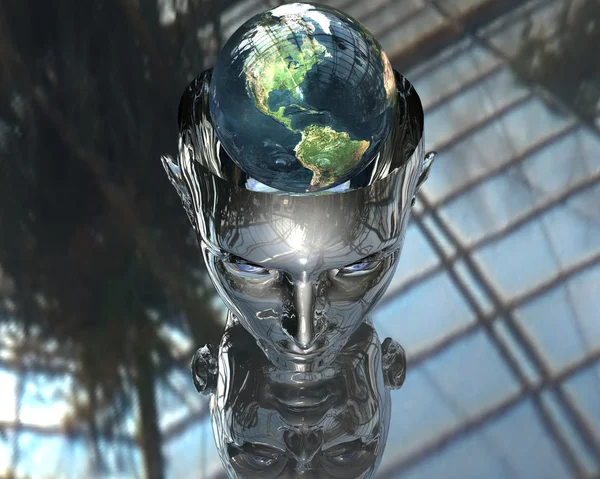 3D Земля в 3D киборг голову девушки — стоковое фото