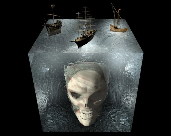 Ships on water cube with skull — Stock Photo, Image