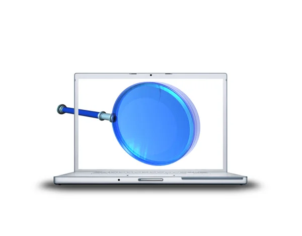 3D magnifying glass on laptop screen — Stock Photo, Image