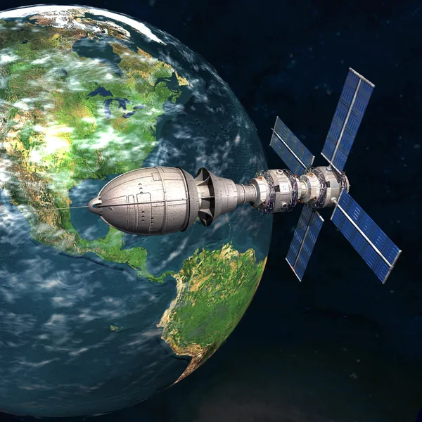 Satelliet Spoetnik in een baan om de aarde in de ruimte — Stockfoto