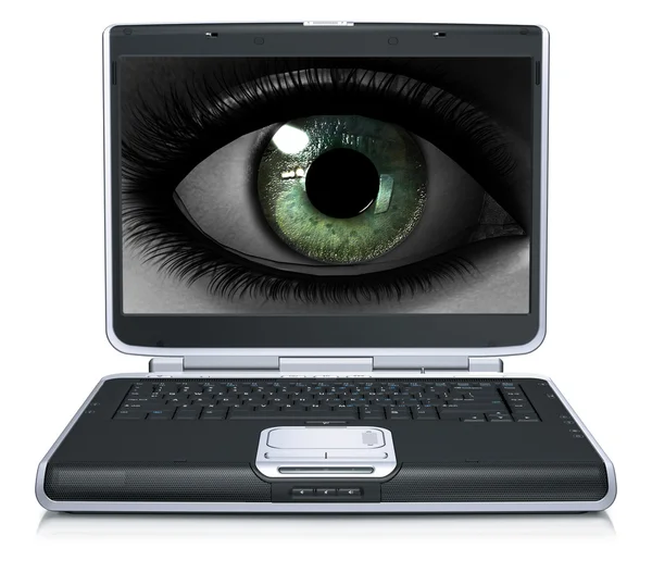 Olho de menina na tela do laptop isolado em um branco — Fotografia de Stock