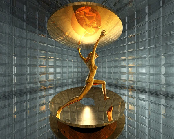 3d golden virtual girl between two golden disc — Stock Photo, Image