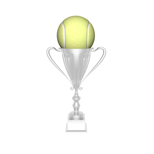 테니스 공을 흰색 절연 트로피 컵 — 스톡 사진