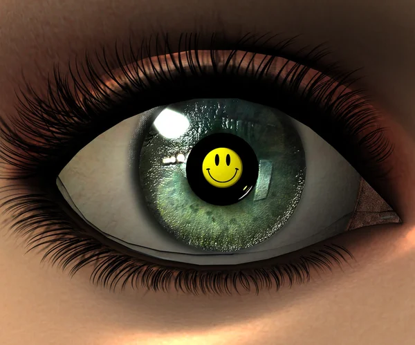 Beautiful girl eye in 3D with smiley face in eye — Stock Photo, Image