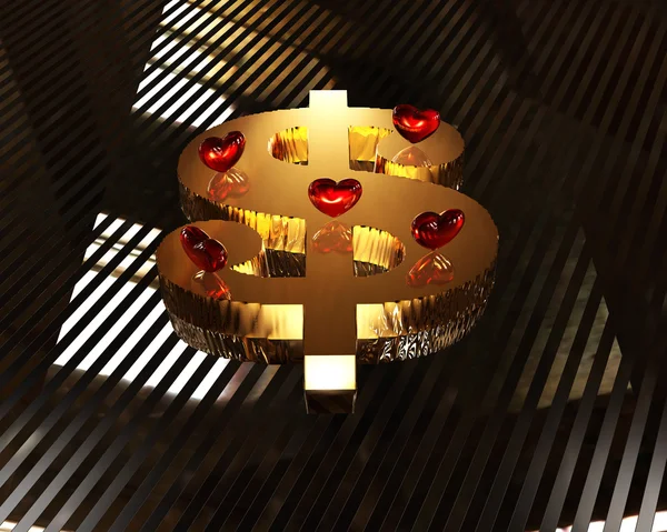 Goldenes Dollarzeichen mit roten Herzen — Stockfoto