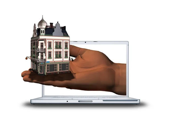 3D hand with house on laptop — Stock Photo, Image