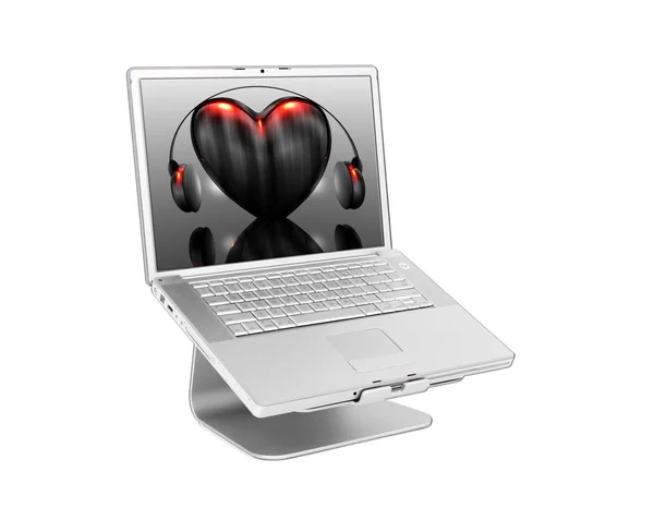 Laptop med svart hjärta — Stockfoto