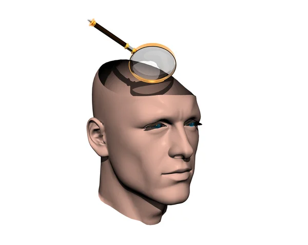 3D άνδρες ραγισμένα κεφάλι με μεγεθυντικό φακό — Φωτογραφία Αρχείου