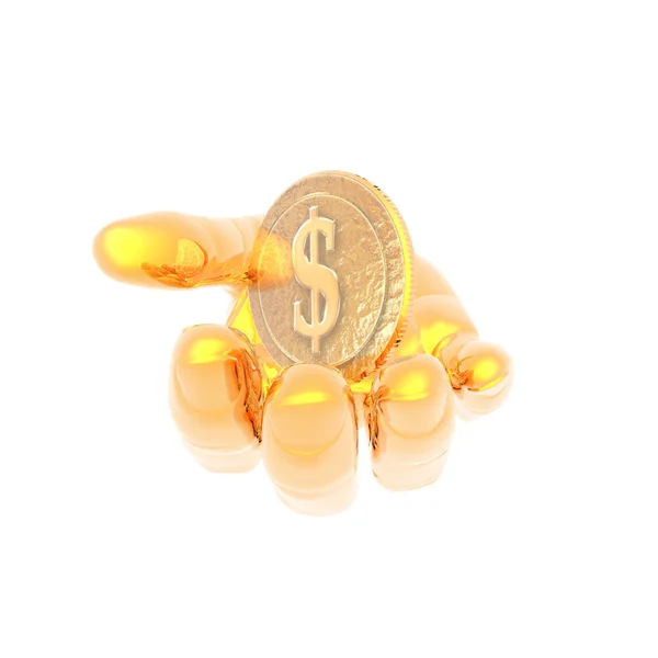 Χέρι με ένα χρυσό νόμισμα σημάδι απομονωμένη σε ένα λευκό — Φωτογραφία Αρχείου