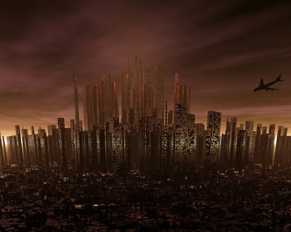 Futuristic cityscape with airliner silhouette