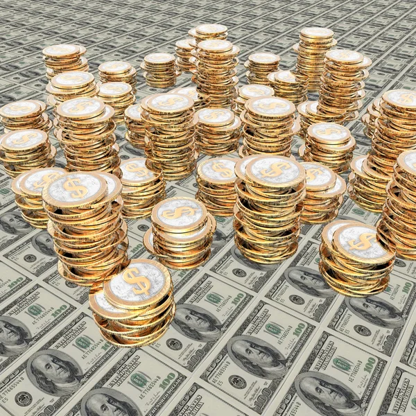 Coins on 100 us dollar — Stock Photo, Image