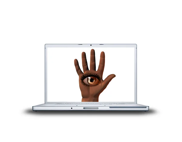 Hand met meisje oog op laptop scherm — Stockfoto