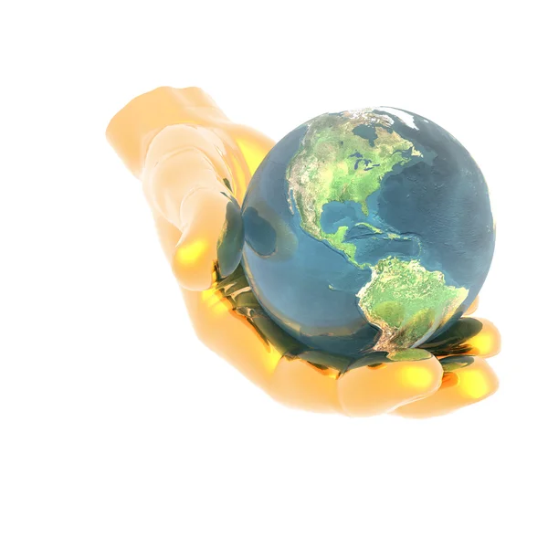 3D jorden i ljusa hand isolerad på en vit — Stockfoto