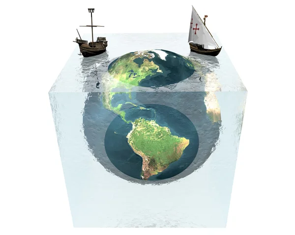 Earth in cracked glass cube with ships on white — Stock Photo, Image