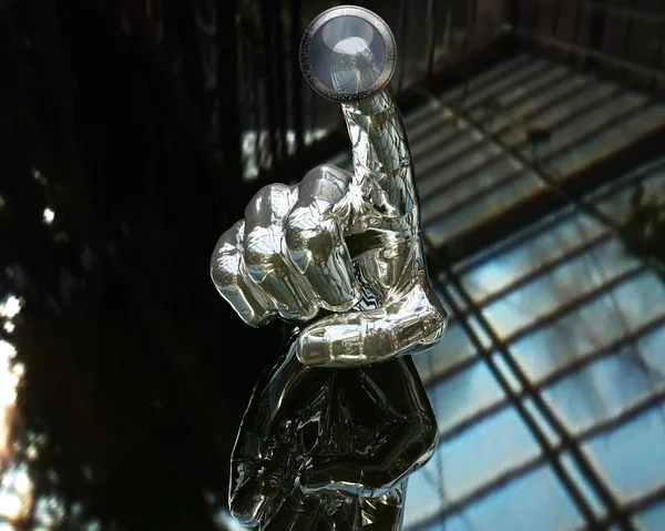 Botão mão prata 3D empurrando — Fotografia de Stock