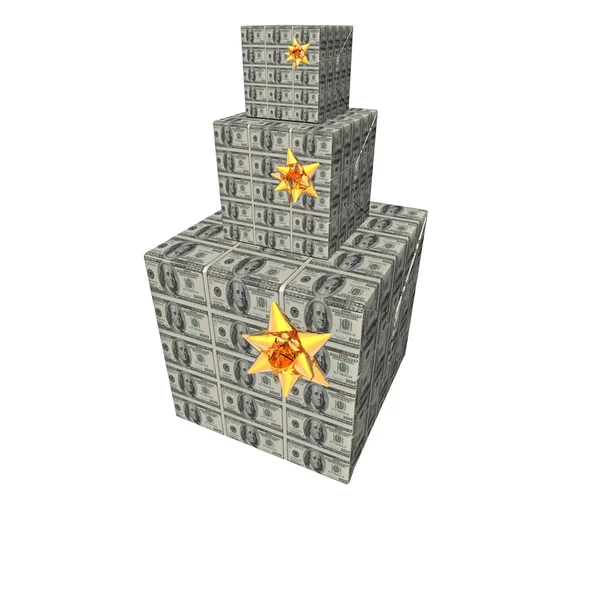 Gifts box pyramid with us dollar note texture — Stock Photo, Image