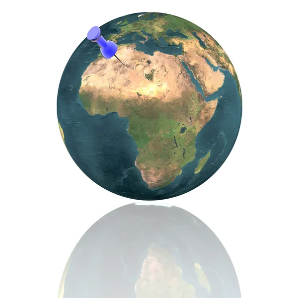 Jorden med blå kartnålen isolerad på vit — Stockfoto