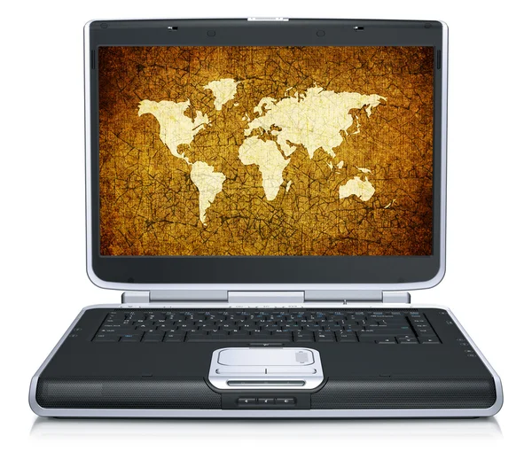 ノート パソコンの画面上の地理的な世界地図のレトロなモデル — ストック写真