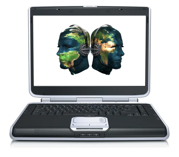 3D model dizüstü bilgisayar ekranında dokulu adam baş Dünya Haritası — Stok fotoğraf