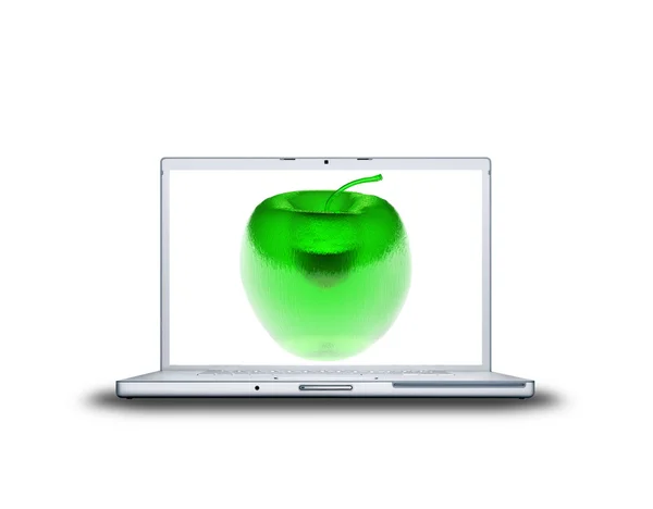 3D зеленого стекла яблоко на ноутбуке — стоковое фото