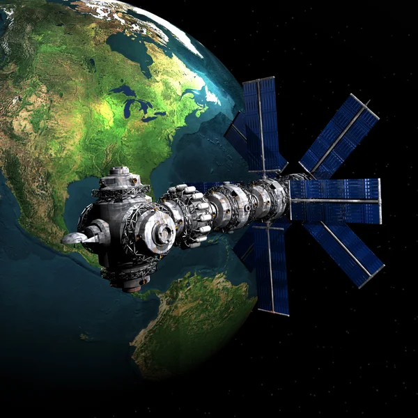 Satellit sputnik kretsar runt jorden — Stockfoto