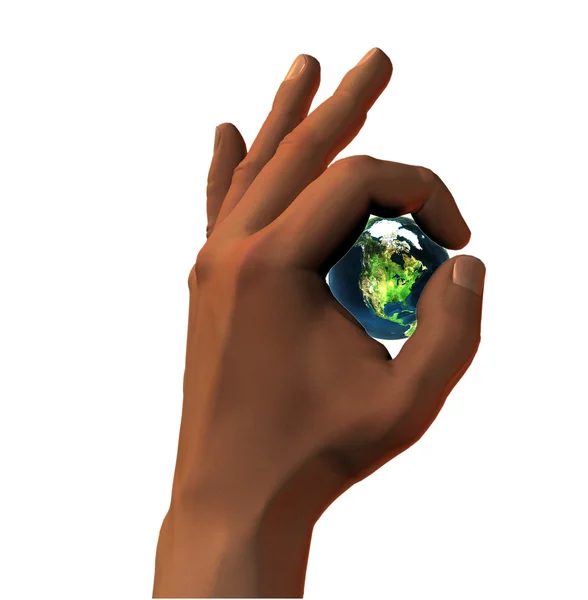 3D earth in 3D hand OK sign — Stok fotoğraf