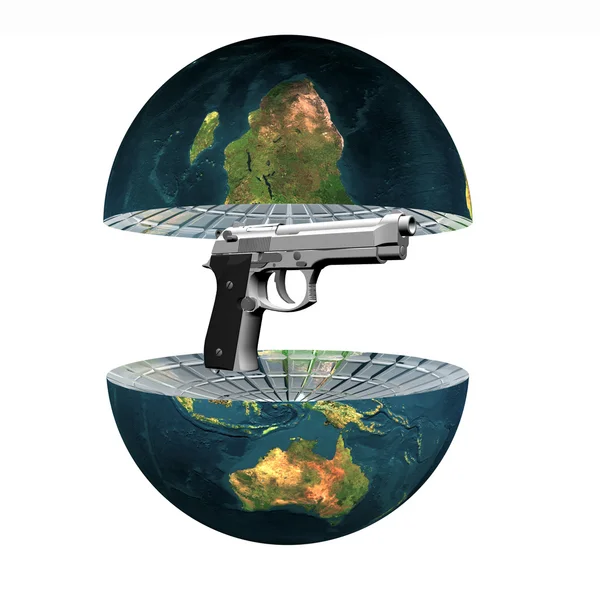 白で隔離される銃を持つ 2 つの地球半球 — ストック写真