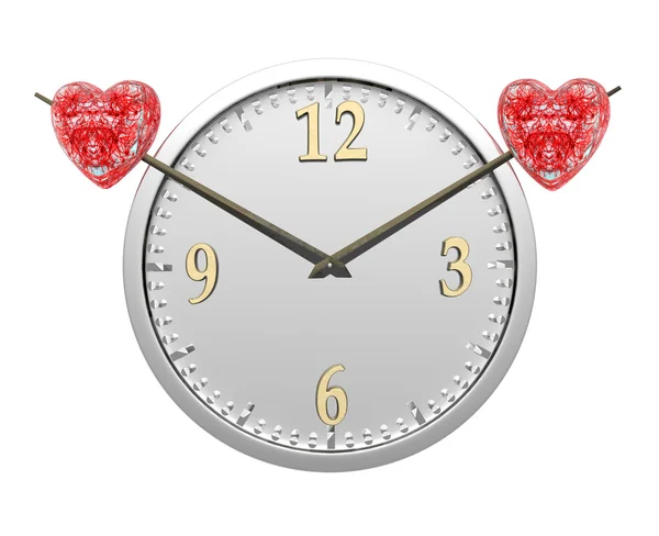 Ρολόι τοίχου με δύο κόκκινες καρδιές που απομονώνονται σε λευκό — Φωτογραφία Αρχείου