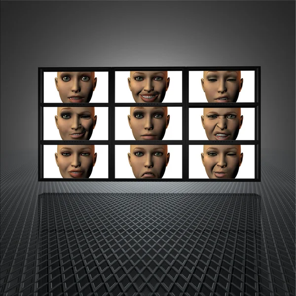 Video muur met meisje gezichten op de schermen — Stockfoto