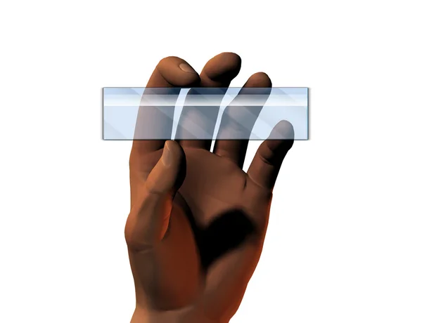 Hand med glas klistermärke — Stockfoto