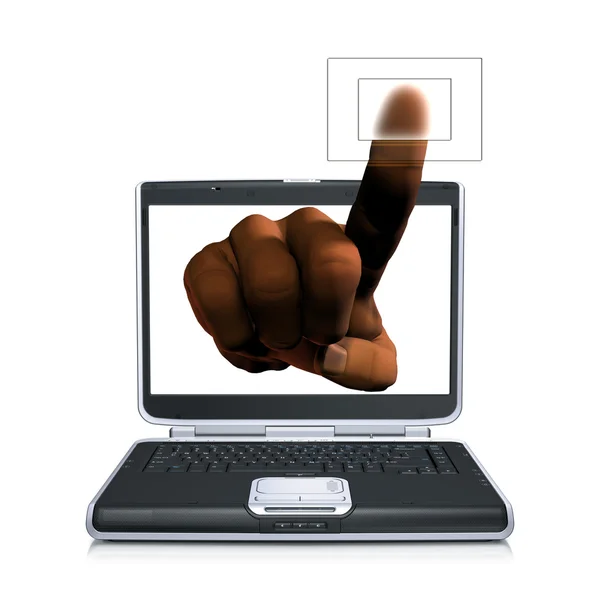Laptop con la mano que apunta en la pantalla aislada en —  Fotos de Stock