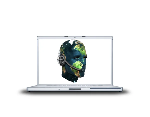Uomo testa mappa del mondo strutturato sullo schermo del computer portatile — Foto Stock