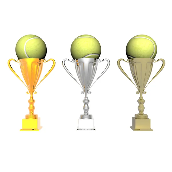 Copo de troféu com bola de tênis isolada em um branco — Fotografia de Stock