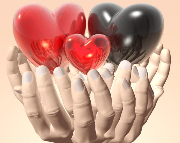 Ярко-красные стеклянные сердца в руках — стоковое фото