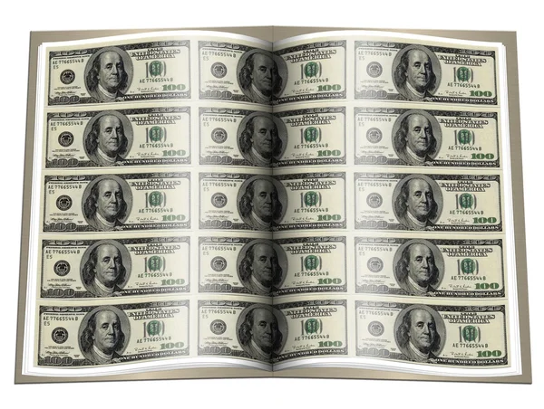 Kniha s námi dolarových bankovek na bílé — Stock fotografie