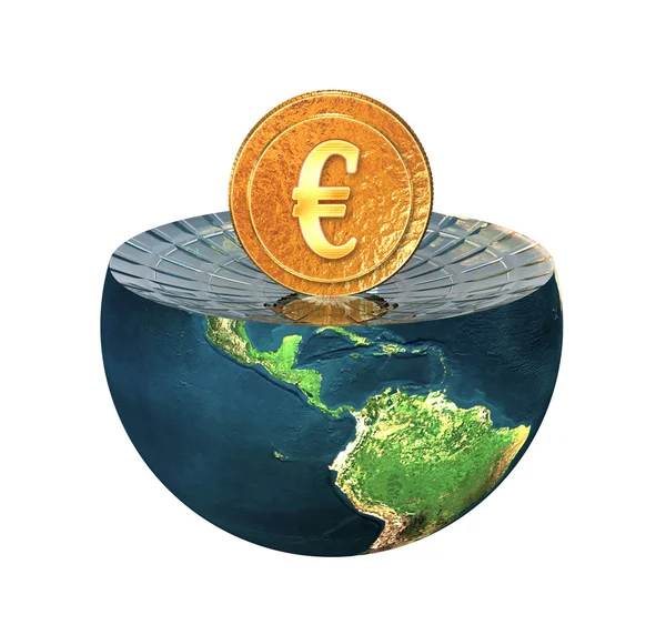 Pièce en euros sur l'hémisphère terrestre isolée sur un blanc — Photo