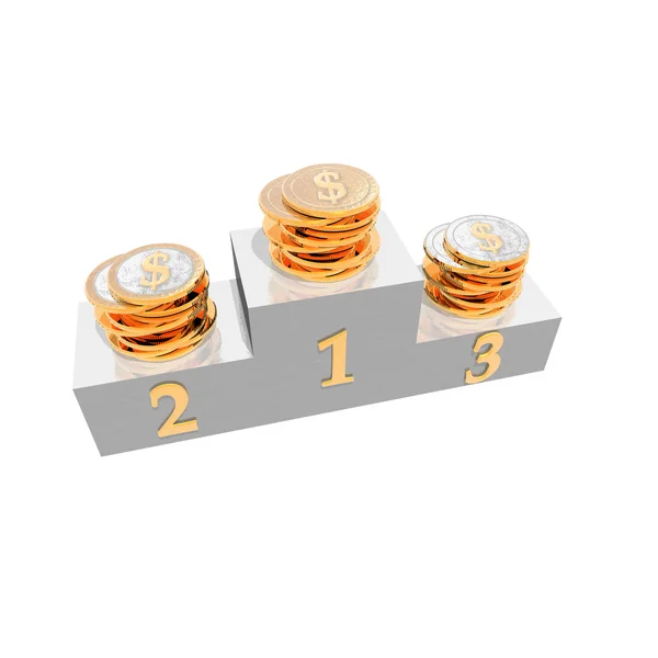 Podium met siver en gouden munten — Stockfoto