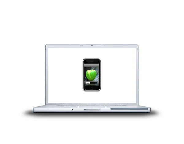 Telefon komórkowy z jabłkiem na ekranie laptopa izolować — Zdjęcie stockowe